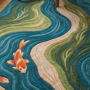 May include: A decorative area rug featuring a koi pond design. The rug has a blue, green, and beige color scheme with a wavy pattern. Two orange and white koi fish are swimming in the blue water. The rug has a textured surface.