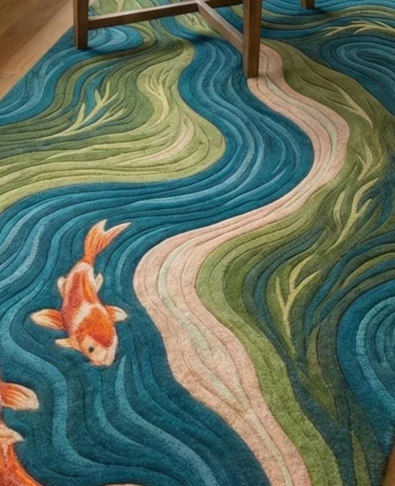 May include: A decorative area rug featuring a koi pond design. The rug has a blue, green, and beige color scheme with a wavy pattern. Two orange and white koi fish are swimming in the blue water. The rug has a textured surface.