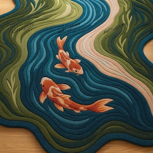 Pu&ograve; includere: Un tappeto decorativo con un design di pesci koi. Il tappeto presenta una scena fluviale blu, verde e beige con due pesci koi arancioni e bianchi. Il tappeto &egrave; posto su un pavimento in legno.