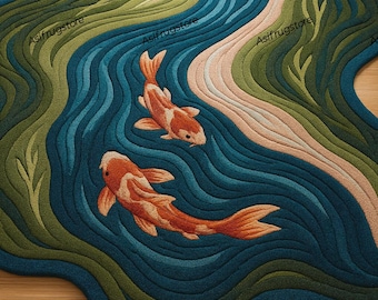 Handmade Koi Fish Rug | Wavy Pond Design Carpet | Japanese Zen Art Rug | Colorful Tufted Carpets for Living Room, Bedroom & Meditation Space