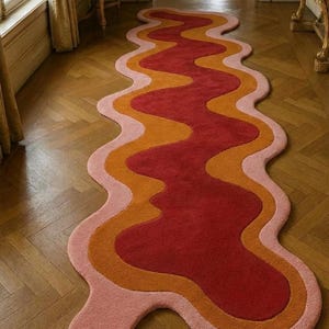 Vågig löparmatta | Handgjord oregelbunden tuftad matta | Retro rosa orange abstrakt hallmatta | Anpassad storlek tillgänglig