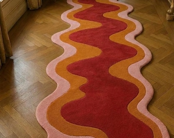 Wavy Runner Rug | Handmade Irregular Shaped Tufted Carpet | Retro Pink Orange Abstract Hallway Rug | Custom Size Available