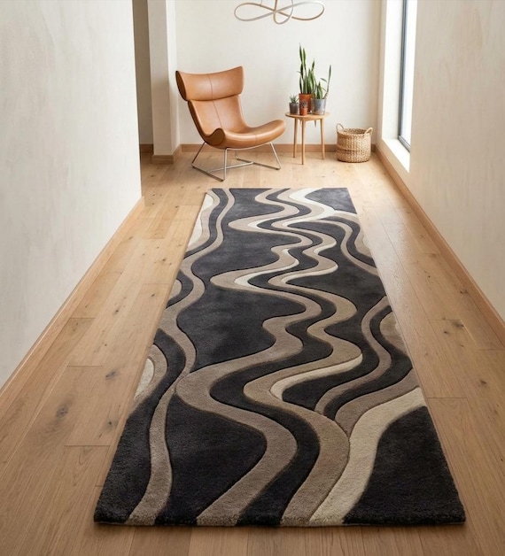 Moderner Abstrakter Läufer | Schwarz Beige Flur Teppich | Zeitgenössischer Wellen-Design-Teppich | Handgefertigter Teppich Langer Korridor | Benutzerdefinierte Größe