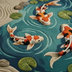 May include: A decorative rug depicting a pond scene with three koi carp. The fish are white, orange, and black, swimming in a blue pond with green lily pads. The background includes a sand-like texture.