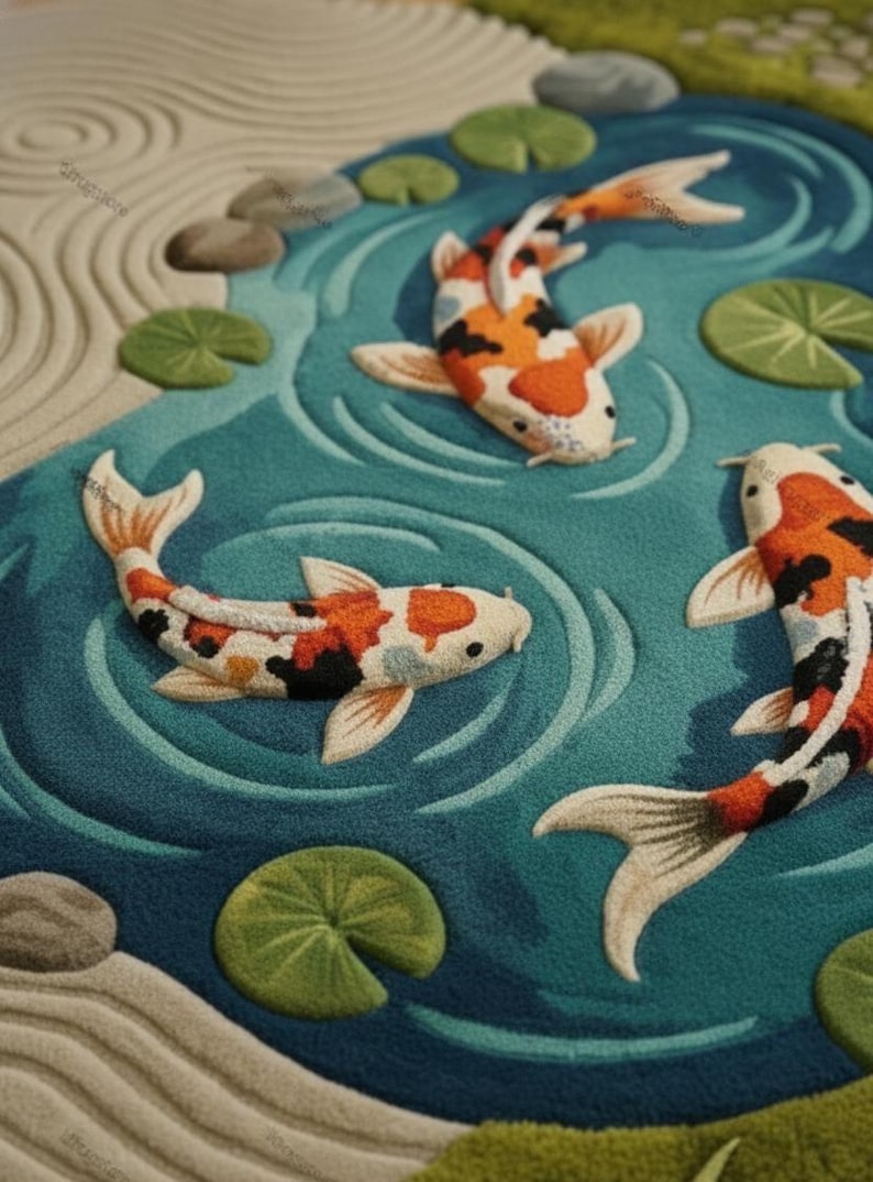 May include: A decorative rug depicting a pond scene with three koi carp. The fish are white, orange, and black, swimming in a blue pond with green lily pads. The background includes a sand-like texture.