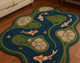 Handgemacht Koi Teich Teppich | Einzigartiges Fisch Design, Naturdekor