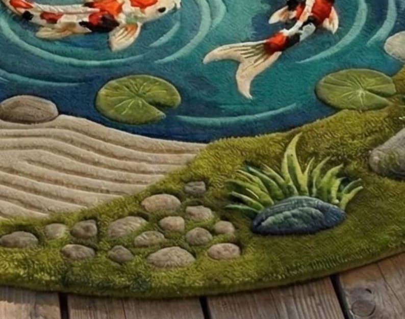 May include: A detailed rug depicting a koi pond scene. Two koi carp swim in blue water, with lily pads and a grassy bank. The rug has a textured, three-dimensional design with shades of green, beige, and brown.