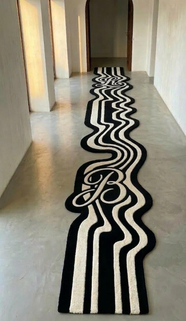 Custom Monogram Runner Rug | Personalized Wavy Rug | Black White ...