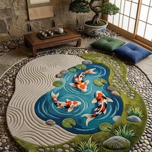 May include: A circular rug depicting a Japanese garden scene. It features a pond with koi carp, a sand garden, and green foliage. The rug's colours are blue, green, beige, and orange. It is placed on a stone floor.