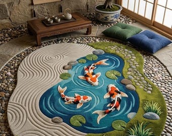 Handmade Koi Fish Rug | Wavy Pond Design Carpet | Japanese Zen Art Rug | Colorful Tufted Carpets for Living Room, Bedroom & Meditation Space