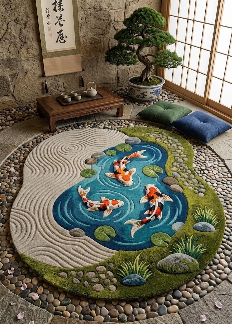 May include: A circular rug depicting a Japanese garden scene. It features a pond with koi carp, a sand garden, and green foliage. The rug's colours are blue, green, beige, and orange. It is placed on a stone floor.