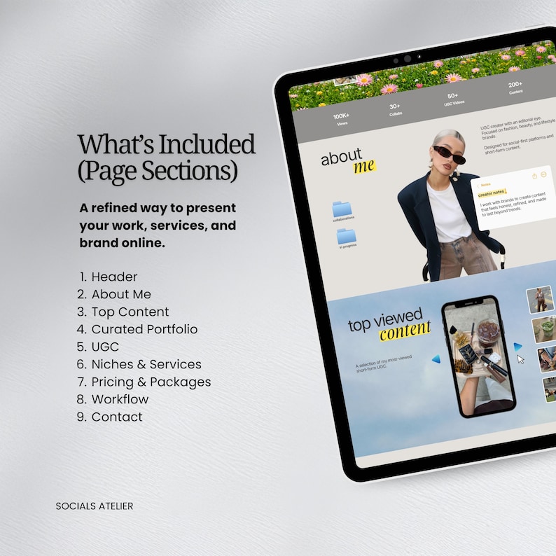 Pode incluir: Um tablet digital exibindo o layout de um site intitulado What's Included (Page Sections) com uma lista de nove se&ccedil;&otilde;es, incluindo Header, About Me e Contact. A tela mostra uma pessoa de blazer, um gr&aacute;fico de smartphone e texto.