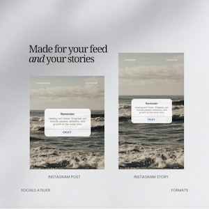 May include: An image showcasing two Instagram post formats. Each format features a seascape background with a pop-up reminder. The reminder text reads: "Healing isn't linear. Progress can include pauses, setbacks, and growth at the same time."