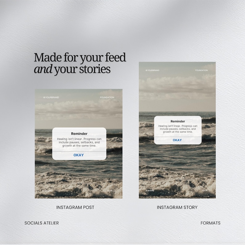 May include: An image showcasing two Instagram post formats. Each format features a seascape background with a pop-up reminder. The reminder text reads: "Healing isn't linear. Progress can include pauses, setbacks, and growth at the same time."