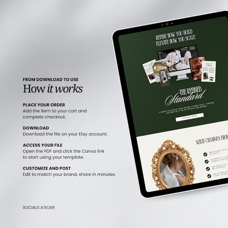 May include: A digital tablet displays a website with text and graphics. The screen shows the words "REFINE HOW YOU BUILD, ELEVATE HOW YOU SCALE" and "THE REFINED Standard". The tablet also shows a gold ornate mirror and a woman's portrait.