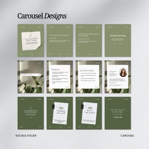 May include: A grid of twelve social media carousel designs on a light background. The designs feature text on a green background with white text. The text includes phrases like "5 Common Myths About Therapy" and "Therapy is". The words "Carousel Designs" are at the top.