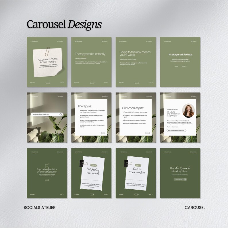 May include: A grid of twelve social media carousel designs on a light background. The designs feature text on a green background with white text. The text includes phrases like "5 Common Myths About Therapy" and "Therapy is". The words "Carousel Designs" are at the top.