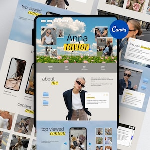 Pode incluir: Um modelo de site de portf&oacute;lio digital exibido em uma tela de tablet, apresentando o nome Anna Taylor, um fundo de c&eacute;u e flores, se&ccedil;&otilde;es para conte&uacute;do mais visto, sobre mim e notas do criador, com um logotipo azul do Canva no canto.