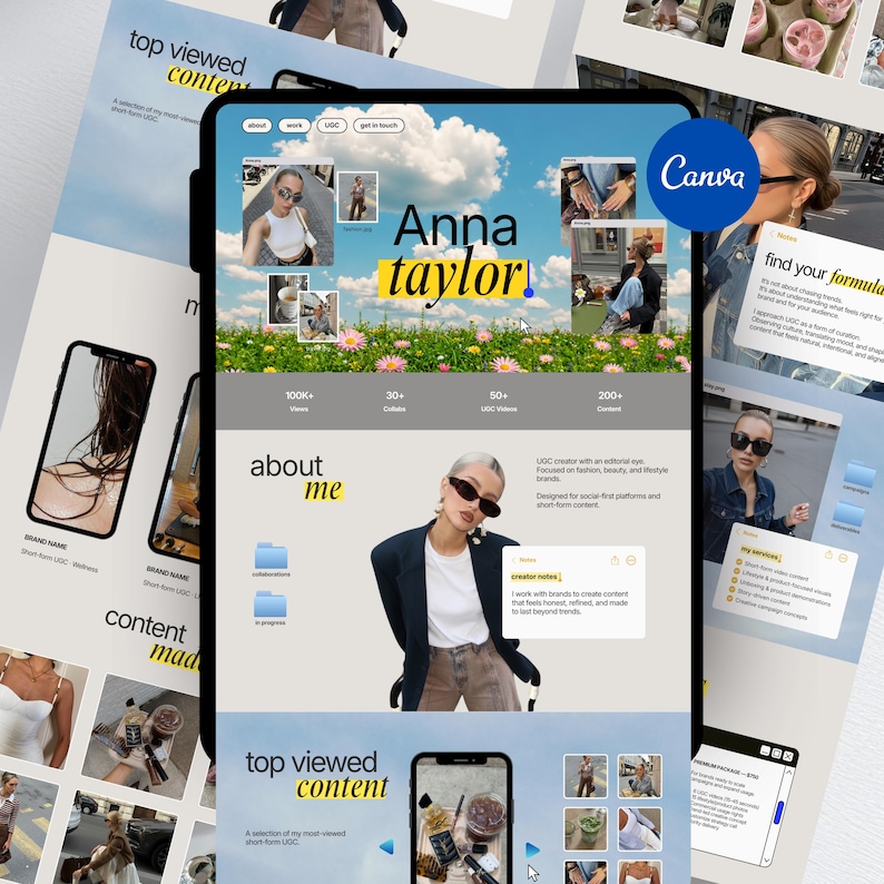 Pode incluir: Um modelo de site de portf&oacute;lio digital exibido em uma tela de tablet, apresentando o nome Anna Taylor, um fundo de c&eacute;u e flores, se&ccedil;&otilde;es para conte&uacute;do mais visto, sobre mim e notas do criador, com um logotipo azul do Canva no canto.