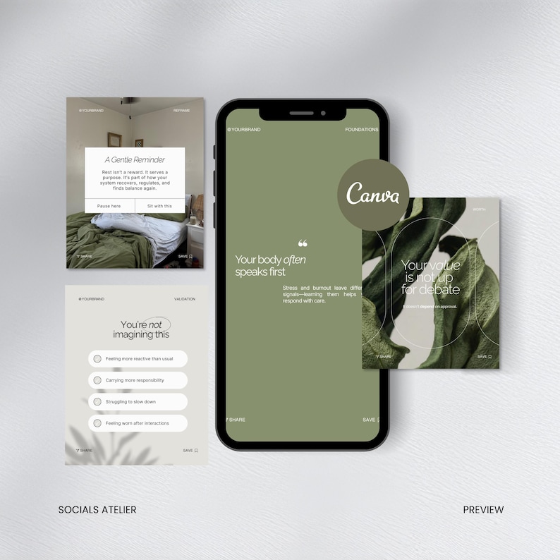 May include: A smartphone displays a Canva design with text and graphics. The design includes the phrases "Your body often speaks first" and "Your value is not up for debate." Additional graphics and text are also visible, along with a preview of the design.
