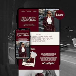 May include: A digital marketing website design displayed on a smartphone and tablet. The design features a woman in a burgundy outfit, with text that reads "Turn Your Brand Into Profit Machine" and "Let's Work Together". The Canva logo is visible.