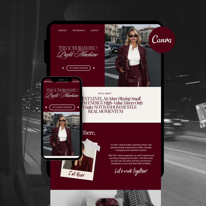 May include: A digital marketing website design displayed on a smartphone and tablet. The design features a woman in a burgundy outfit, with text that reads "Turn Your Brand Into Profit Machine" and "Let's Work Together". The Canva logo is visible.