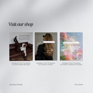 May include: An image showcasing three Instagram post templates. The templates are for social media managers, content creators, and health & wellness therapists. Each template features a unique design with text and imagery. The text "Visit our shop" is at the top.