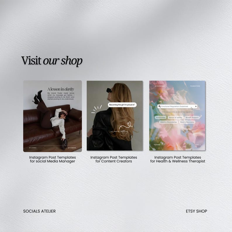 May include: An image showcasing three Instagram post templates. The templates are for social media managers, content creators, and health & wellness therapists. Each template features a unique design with text and imagery. The text "Visit our shop" is at the top.