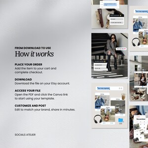 May include: A digital template guide titled From Download to Use How it works, detailing steps to order, download, access via PDF, and customize in Canva. The graphic includes various social media post examples featuring lifestyle imagery and text overlays.