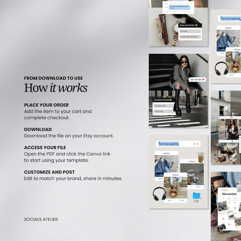 May include: A digital template guide titled From Download to Use How it works, detailing steps to order, download, access via PDF, and customize in Canva. The graphic includes various social media post examples featuring lifestyle imagery and text overlays.