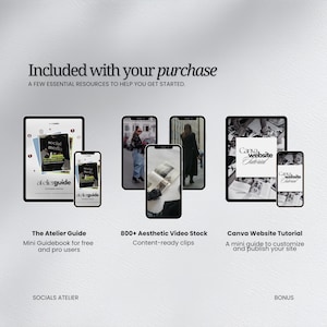 Pode incluir: Um pacote de produtos digitais incluindo The Atelier Guide, mais de 800 clipes de v&iacute;deo est&eacute;ticos e um tutorial de Canva Website. A exibi&ccedil;&atilde;o inclui tablets e smartphones mostrando capas de guias, v&iacute;deos lifestyle e textos de tutoriais.
