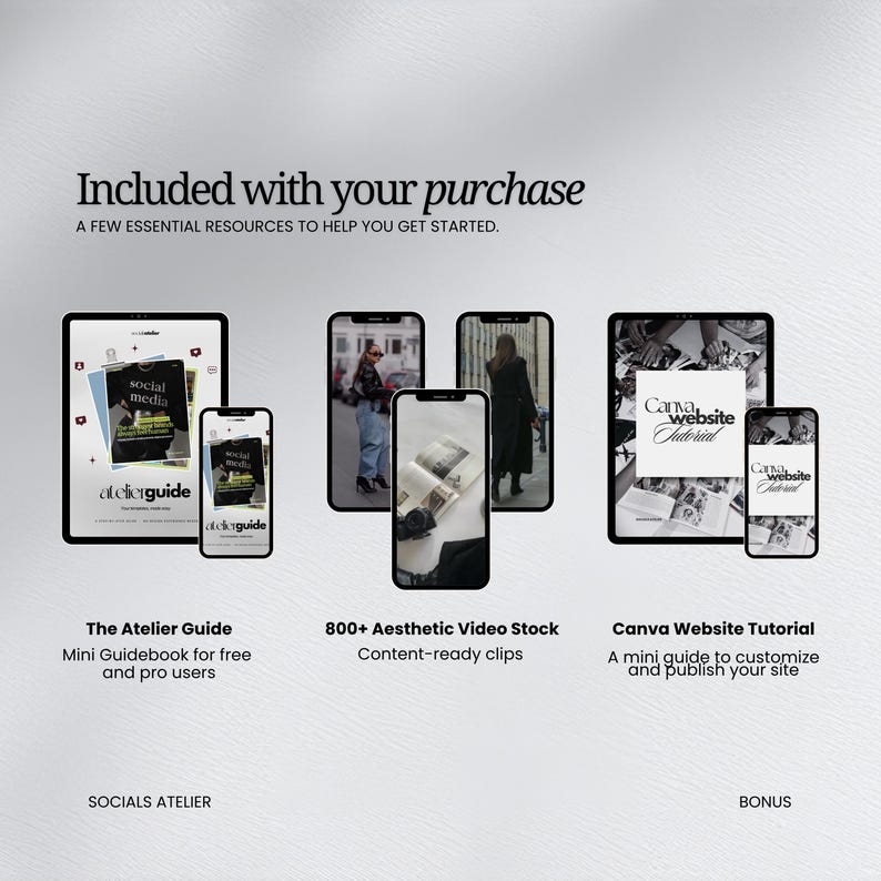 Pode incluir: Um pacote de produtos digitais incluindo The Atelier Guide, mais de 800 clipes de v&iacute;deo est&eacute;ticos e um tutorial de Canva Website. A exibi&ccedil;&atilde;o inclui tablets e smartphones mostrando capas de guias, v&iacute;deos lifestyle e textos de tutoriais.