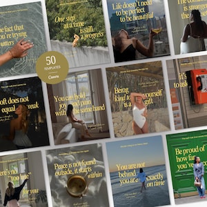 Könnte beinhalten: Eine Sammlung von 50 Canva-Social-Media-Vorlagen mit verschiedenen Lifestyle-Fotos, die mit inspirierenden Zitaten in goldener Serifenschrift überlagert sind und diverse Szenen wie Menschen, Landschaften und Innenräume zeigen.