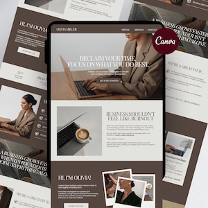 May include: A digital marketing website design featuring a woman working on a laptop. The website's color scheme is neutral with brown and white tones. The text includes "Reclaim Your Time, Focus on What You Do Best."