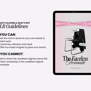 May include: Digital tablet displaying a marketing graphic with a black jacket draped over a chair. The text reads "The Faceless Formula" with the words "Discover", "confidence", and "privacy" on the image. The tablet also shows PLR guidelines.