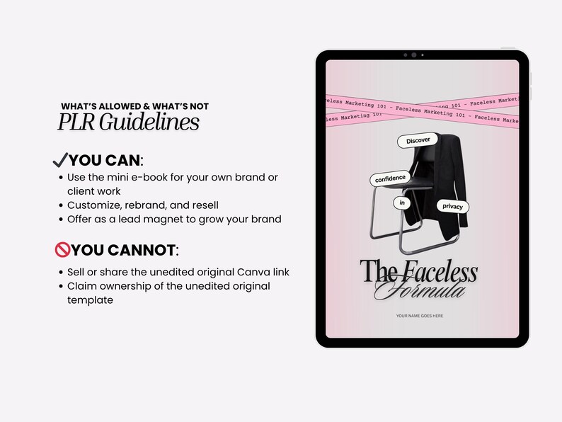 May include: Digital tablet displaying a marketing graphic with a black jacket draped over a chair. The text reads "The Faceless Formula" with the words "Discover", "confidence", and "privacy" on the image. The tablet also shows PLR guidelines.