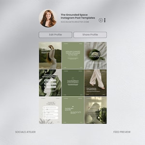 May include: A social media profile page with a grid of Instagram post templates. The templates feature a color palette of green and white with text overlays. The profile includes the text "The Grounded Space Instagram Post Templates" and the Etsy shop URL.