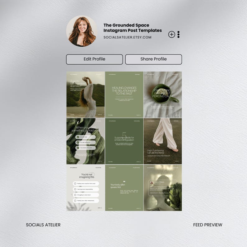 May include: A social media profile page with a grid of Instagram post templates. The templates feature a color palette of green and white with text overlays. The profile includes the text "The Grounded Space Instagram Post Templates" and the Etsy shop URL.