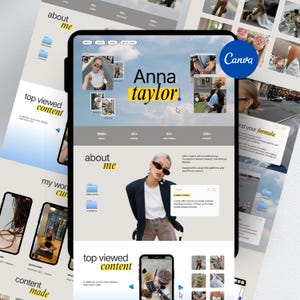 May include: A tablet screen displaying a digital design layout with the name "Anna Taylor" in yellow. The design incorporates images, text, and a "Canva" logo. Other screens with content are also visible.