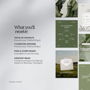 May include: A collection of social media templates in shades of green and white. The image includes text that reads "What you'll receive: TOTAL OF 60 POSTS, 3 CAROUSEL DESIGNS, POST & STORY READY, CONTENT IDEAS". The templates are designed for mental health and wellness therapists.