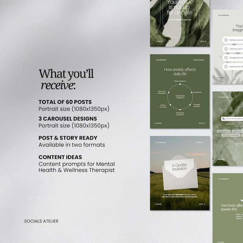 May include: A collection of social media templates in shades of green and white. The image includes text that reads "What you'll receive: TOTAL OF 60 POSTS, 3 CAROUSEL DESIGNS, POST & STORY READY, CONTENT IDEAS". The templates are designed for mental health and wellness therapists.