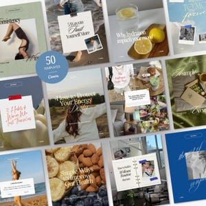 Könnte beinhalten: Eine Sammlung von 50 digitalen Social-Media-Vorlagen für Canva mit verschiedenen Lifestyle-Fotolayouts, Texteinblendungen und grafischen Gestaltungselementen für Wellness-, Gesundheits- und Persönlichkeitsentwicklungsthemen.