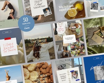 May include: A collection of 50 digital social media templates for Canva featuring various lifestyle photography layouts, text overlays, and graphic design elements for wellness, health, and personal development content in a variety of color palettes.