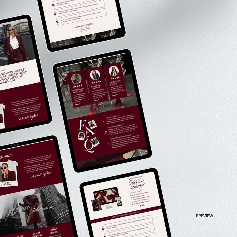May include: A digital marketing presentation displayed on multiple tablets. The screens feature a burgundy and white color scheme with text and images. The text includes "CEO Blueprint" and "Let's work together!" The overall theme is business and marketing.