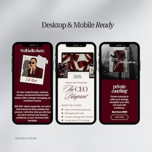 May include: Three smartphones displaying website mockups. The screens feature text and images, including "The CEO Blueprint" and "private coaching." The design is in shades of burgundy and white, with the text "Desktop & Mobile Ready" at the top.
