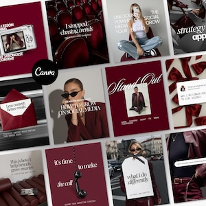 Può includere: Una collezione di grafiche di marketing per social media in tonalità bordeaux e bianco. Le immagini presentano testo come "Ho smesso di inseguire le tendenze", "Come crescere sui social media" e "Cosa faccio di diverso". Il logo Canva è visibile.