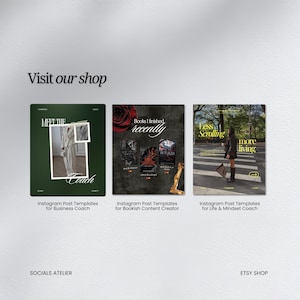 May include: An image featuring three Instagram post templates. The first template is for a business coach, the second for a bookish content creator, and the third for a life and mindset coach. The text "Visit our shop" and "ETSY SHOP" are also visible.