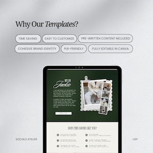 May include: A digital tablet displays a template design with the text "Why Our Templates?" and bullet points. The design includes the text "Hey I'm Jackie" and "Does This Sound Like You?" in a modern, minimalist style.