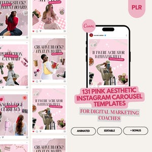 Animated Pink Instagram Carousel Templates: Social Media Branding Kit (PLR Canva Editable)
