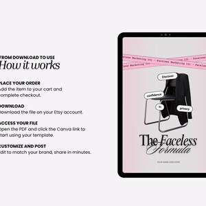 May include: Digital marketing template displayed on a tablet. The image features a black chair with a black jacket draped over it, and text bubbles with the words "Discover", "confidence", and "privacy". The text reads "The Faceless Formula".